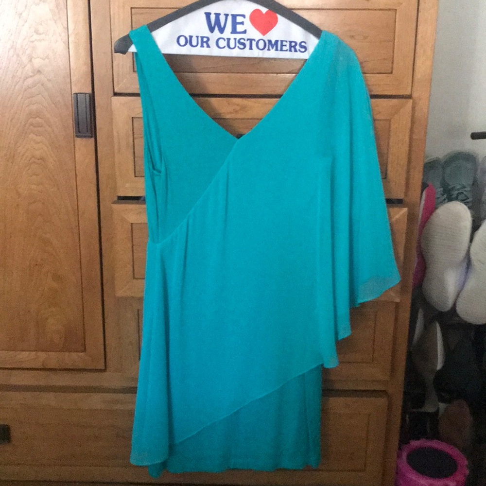 Bebe asymmetrical sheer overlay turquoise dress